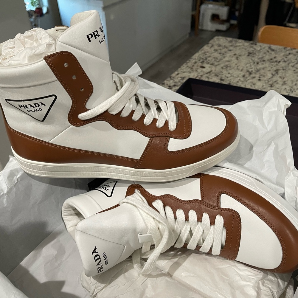 Prada Men's White and Brown Sneakers